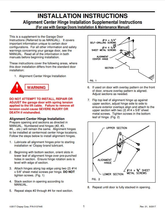 Alignment Center Hinge Installation Supplemental Instructions